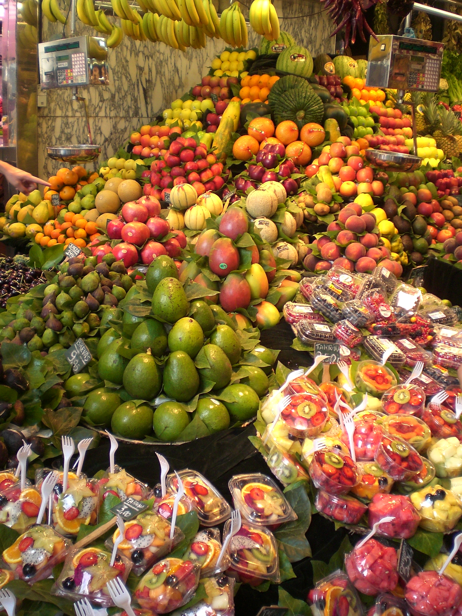 Fruit stalls inside Boqueria Market on La Rambla, Barcelona