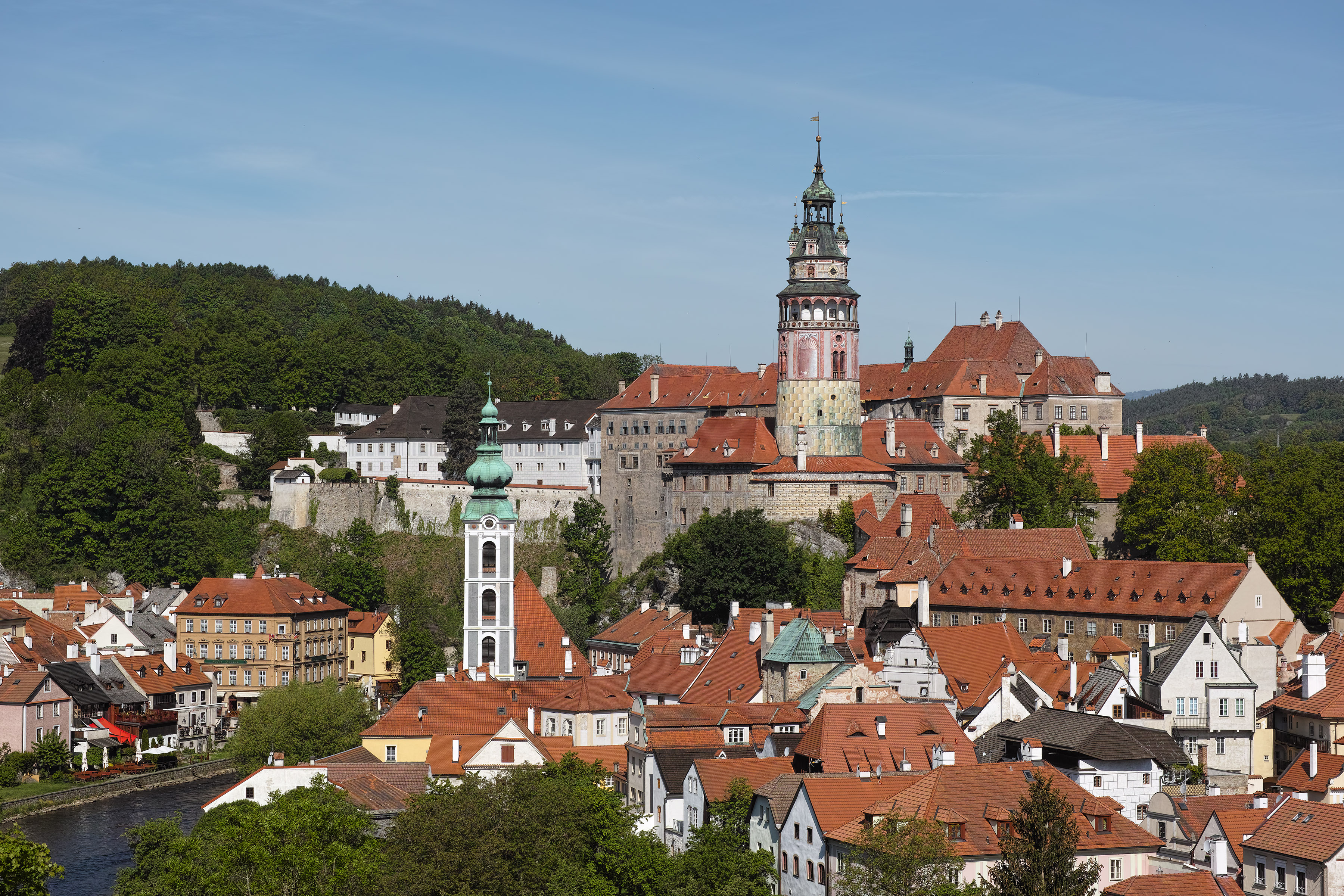 The historic core of Český Krumlov wrapped by a bend of the Vltava river