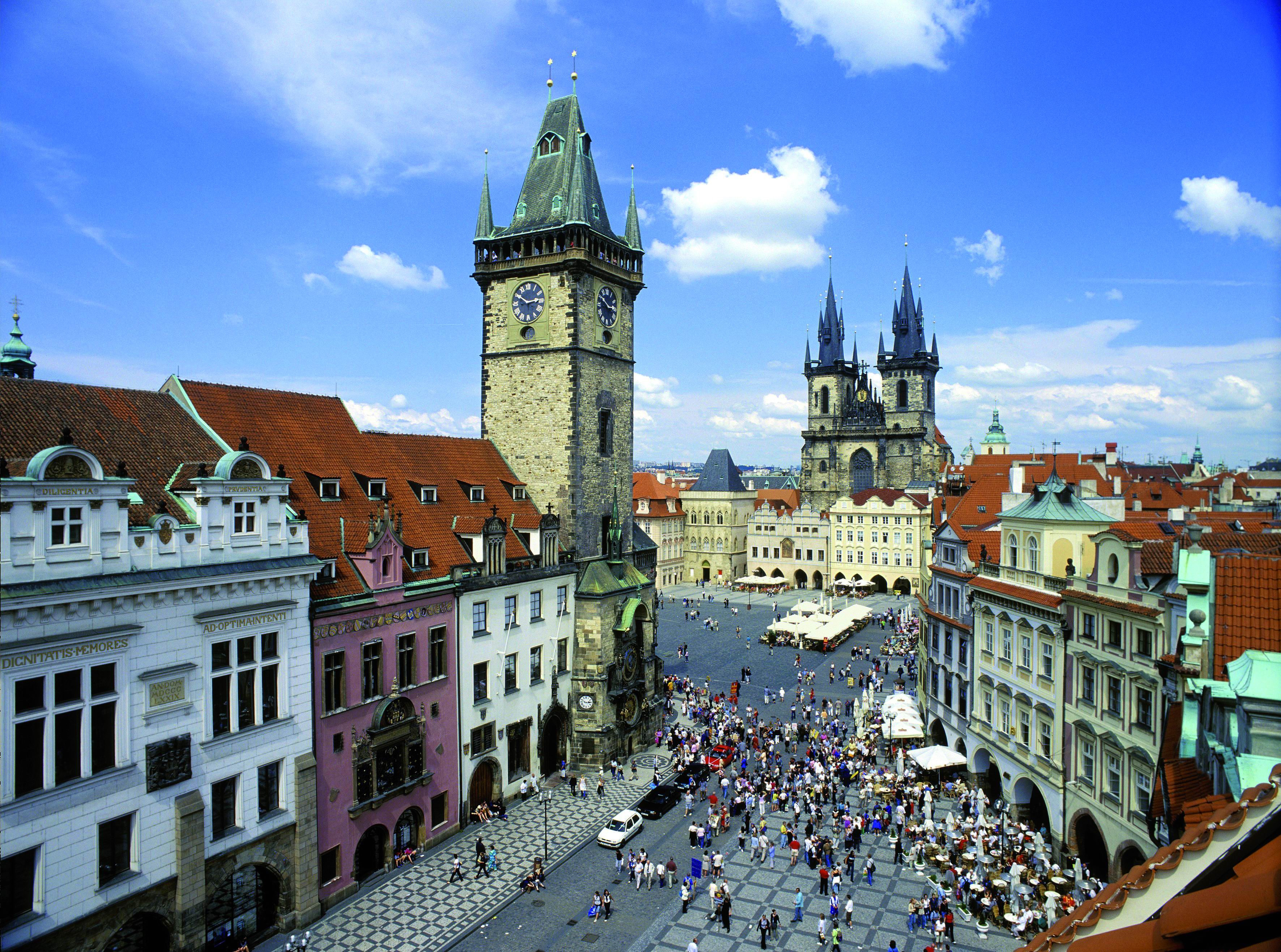Prague's Old Town Square with the astronomical clock and Týn Church