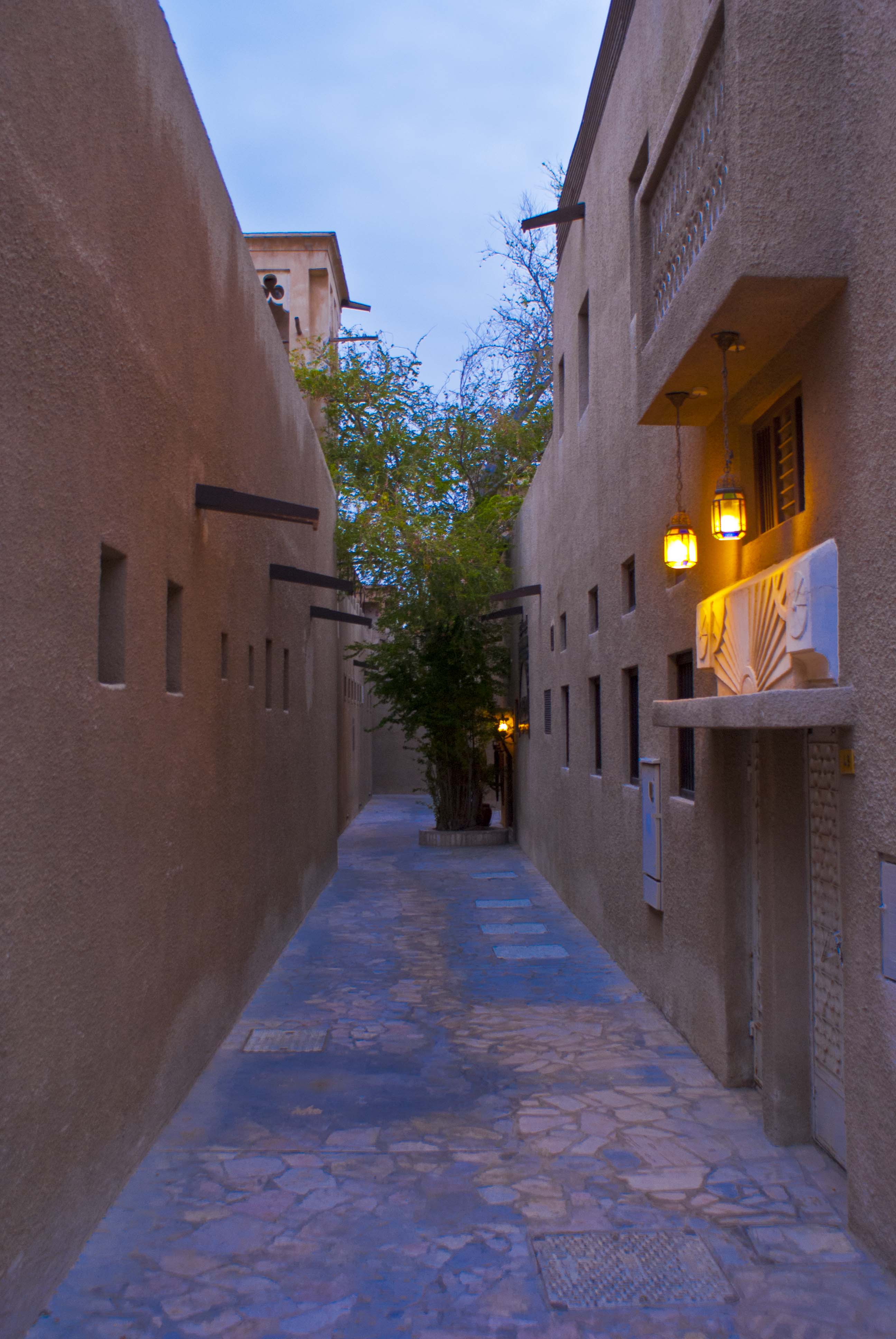 A wind-tower (barjeel) lane in Al Fahidi Historical Neighbourhood, free to walk any day, Dubai