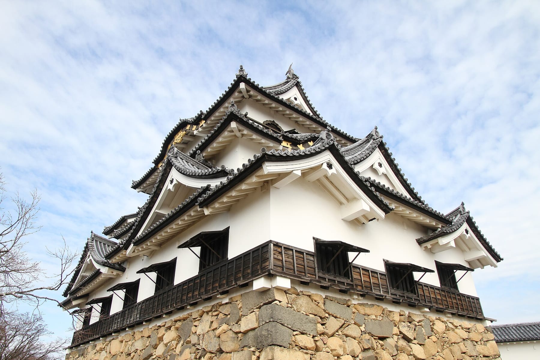 Hikone Castle keep seen from below, its white walls and layered gabled roofs above a stone base