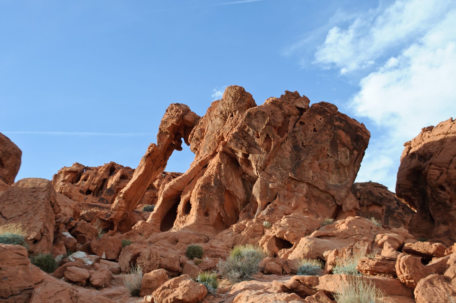 Elephant Rock, a red sandstone formation with a natural arch, in Valley of Fire State Park