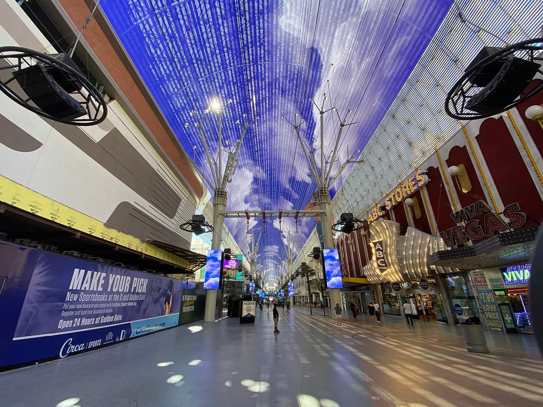 The Fremont Street Experience canopy stretching over the pedestrian mall in Downtown Las Vegas on a Saturday morning