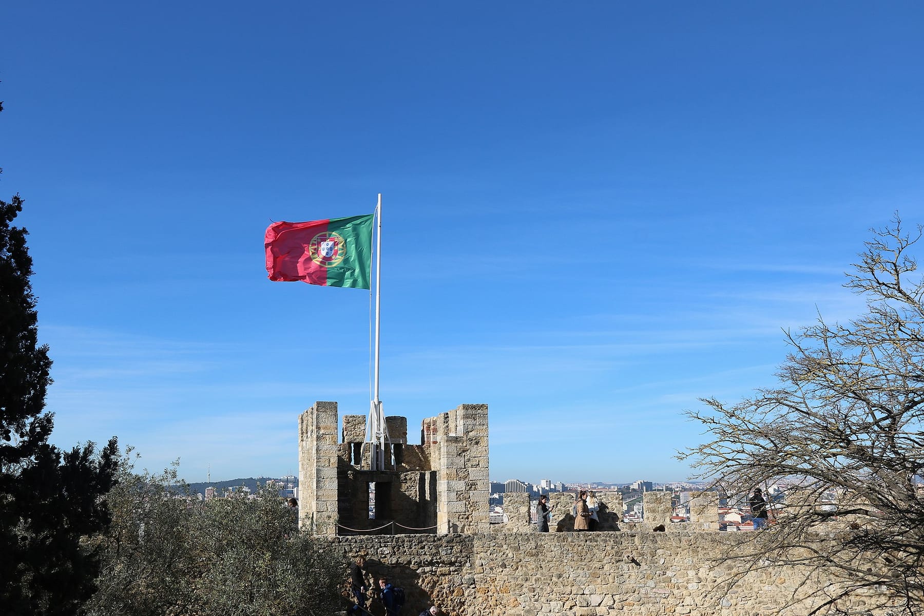 The Portuguese flag flying from a stone battlement tower on the walls of São Jorge Castle, with visitors on the wall-walk and the city beyond, one of the three ticketed visits on this page