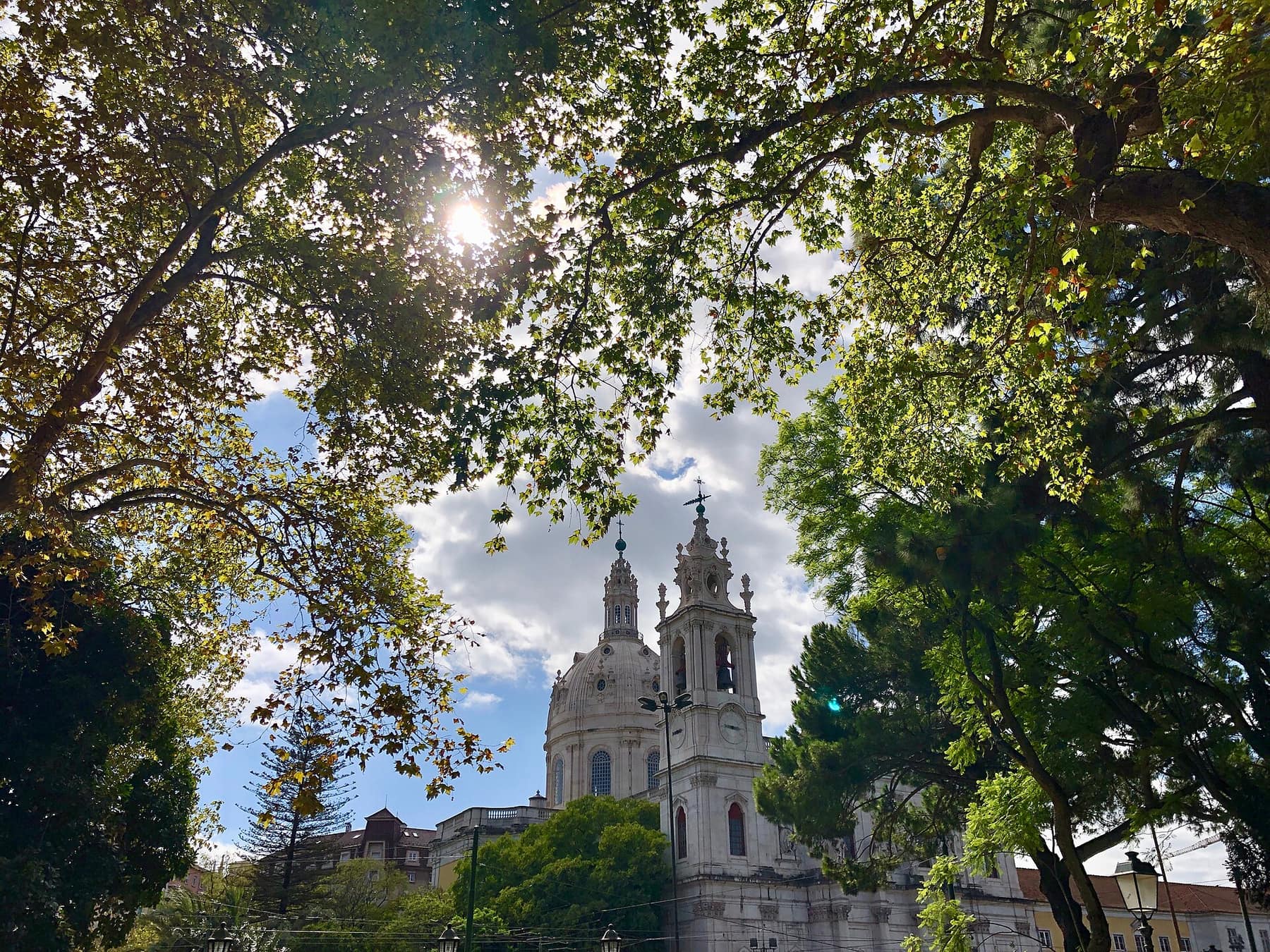 The dome and bell towers of the Basílica da Estrela rising above the trees of Jardim da Estrela, Lisbon