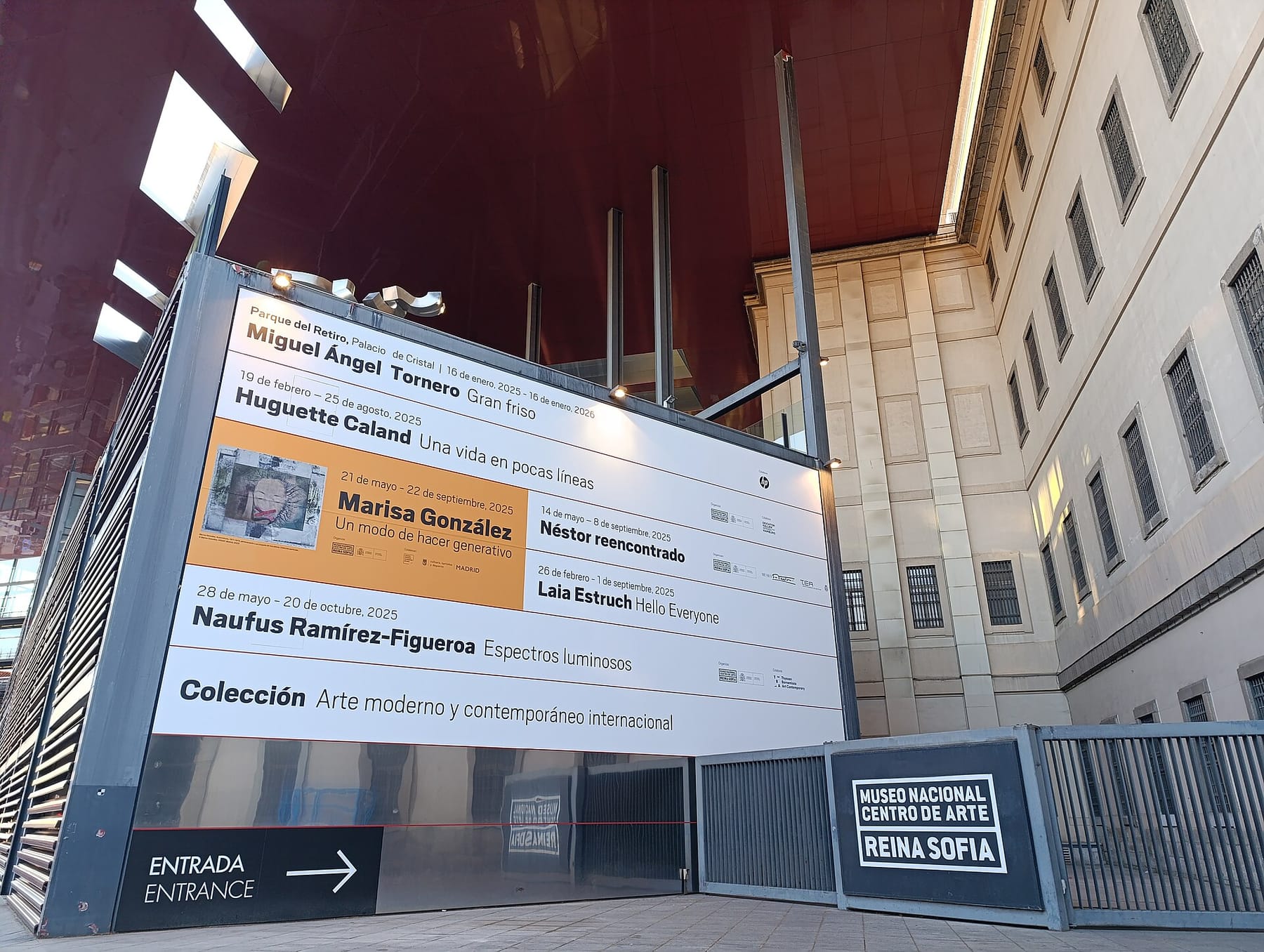 The entrance between Jean Nouvel’s red-roofed extension and the Sabatini building at the Reina Sofía museum, Madrid