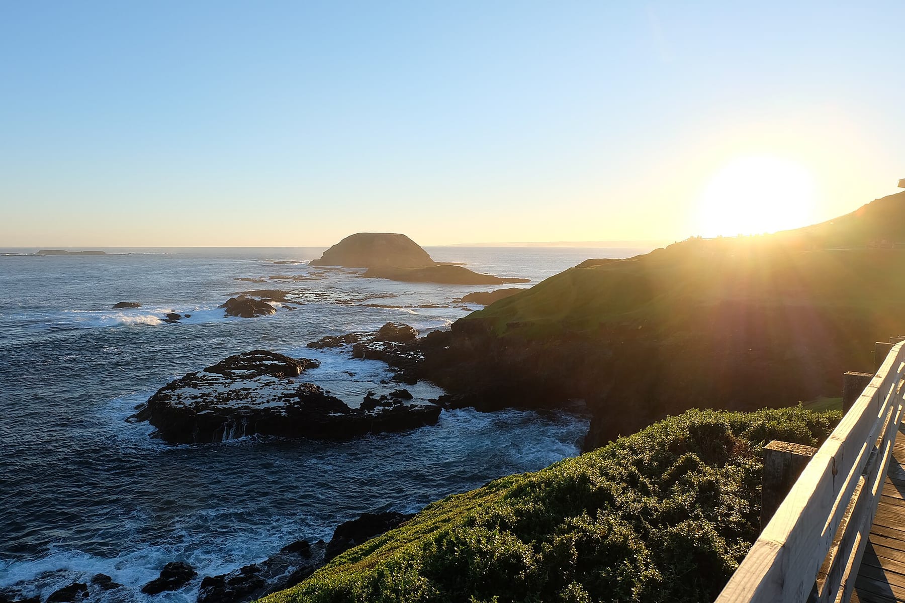 Sunset over the rocky coast at the Nobbies on Phillip Island, seen from the boardwalk